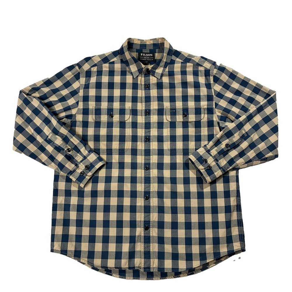 Filson Lightweight Washed 100% Cotton Kitsap Work Shirt Blue Khaki Check Men's L
